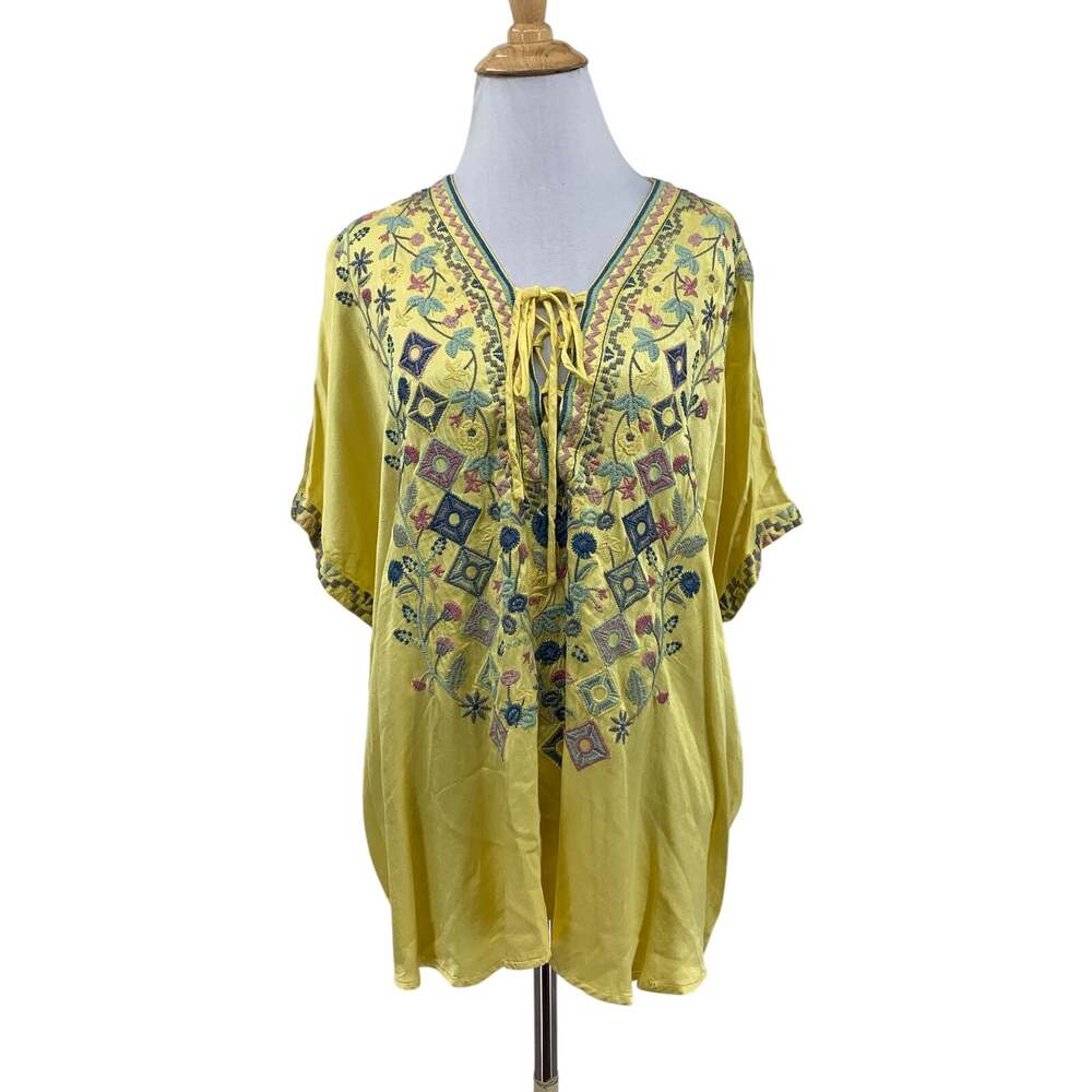 Johnny Was Blouse Womens L Large Lemon Biya Satin Embroidered V Neck Tie Front